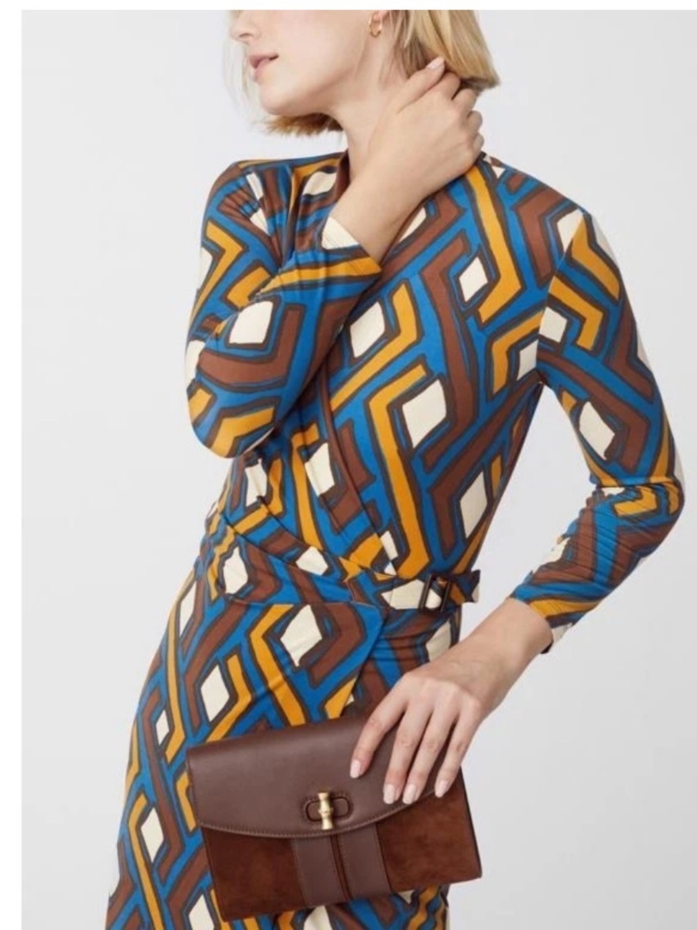 J.Mclaughlin Wrap Midi Dress Dree Jersey Geometric Print Brown Blue Size Small - Picture 2 of 10